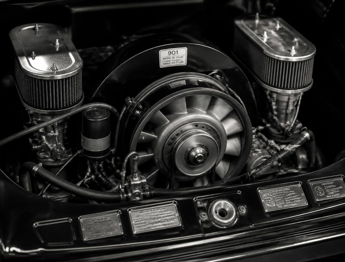 Detail of a Porsche air-cooled flat-six engine
