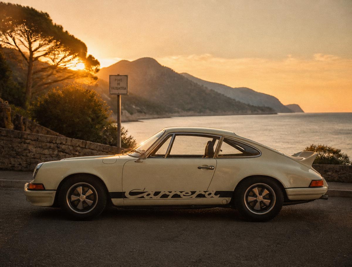 A cream 1973 Porsche 911 Carrera RS on a Mallorcan coastal road at sunset